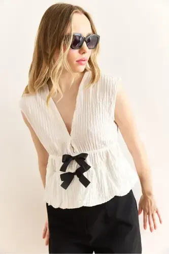 Women's White Bow Detailed Textured Blue Bottom Jumpsuit - 3