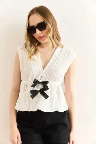 Women's White Bow Detailed Textured Blue Bottom Jumpsuit - 4