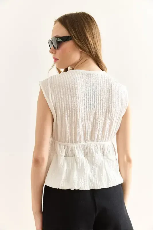 Women's White Bow Detailed Textured Blue Bottom Jumpsuit - 5