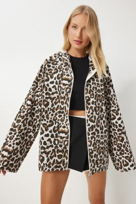 Women's White Brown Leopard Print Hooded Linen Trench Coat SA00032 - 1