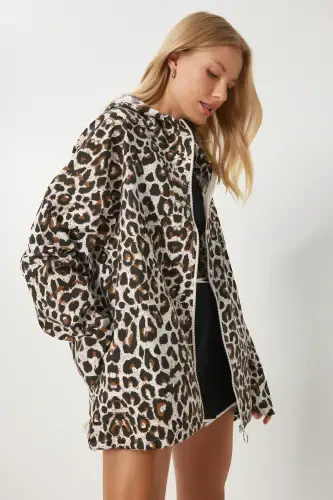 Women's White Brown Leopard Print Hooded Linen Trench Coat SA00032 - HAPPINESS İSTANBUL (1)