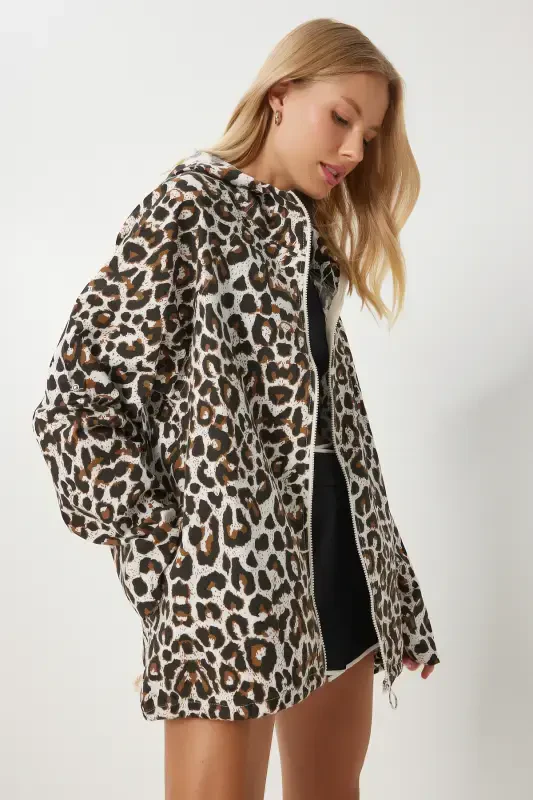 Women's White Brown Leopard Print Hooded Linen Trench Coat SA00032 - 2