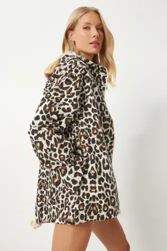 Women's White Brown Leopard Print Hooded Linen Trench Coat SA00032 - 3