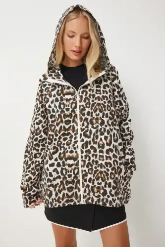 Women's White Brown Leopard Print Hooded Linen Trench Coat SA00032 - 4