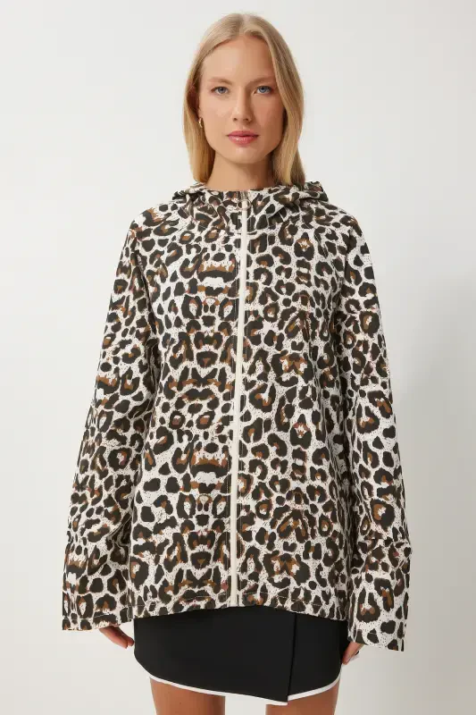 Women's White Brown Leopard Print Hooded Linen Trench Coat SA00032 - 5
