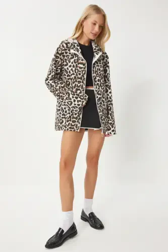 Women's White Brown Leopard Print Hooded Linen Trench Coat SA00032 - 6