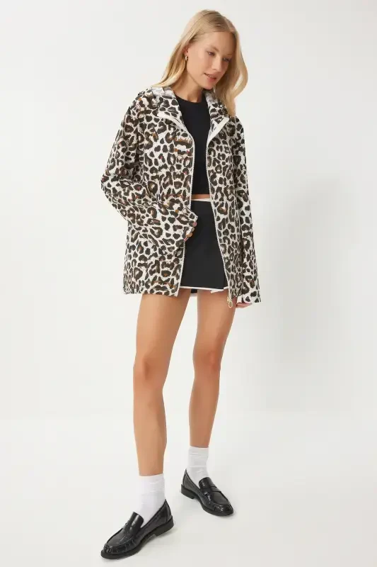 Women's White Brown Leopard Print Hooded Linen Trench Coat SA00032 - 6