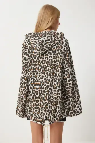 Women's White Brown Leopard Print Hooded Linen Trench Coat SA00032 - 8