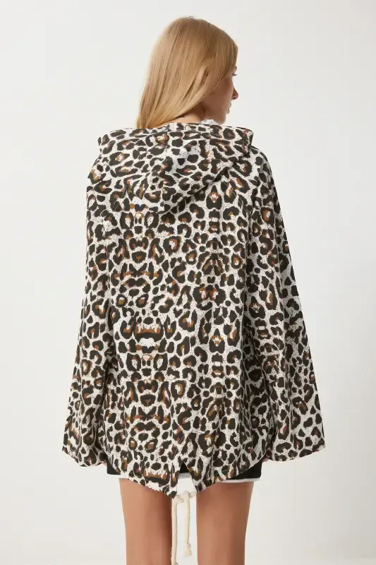 Women's White Brown Leopard Print Hooded Linen Trench Coat SA00032 - 8