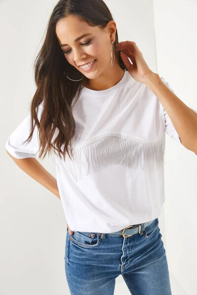 Women's White Chain-Embellished Oversized T-Shirt TSH-19000697 - OLALOOK