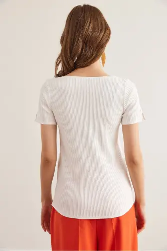 Women's White Collar and Cut Arm Detailed Knitted Blouse - 2