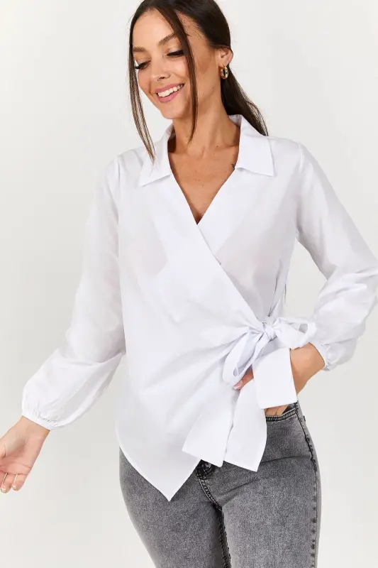 Women's White Collar Crossover Blouse ARM-22Y024025-White - 3