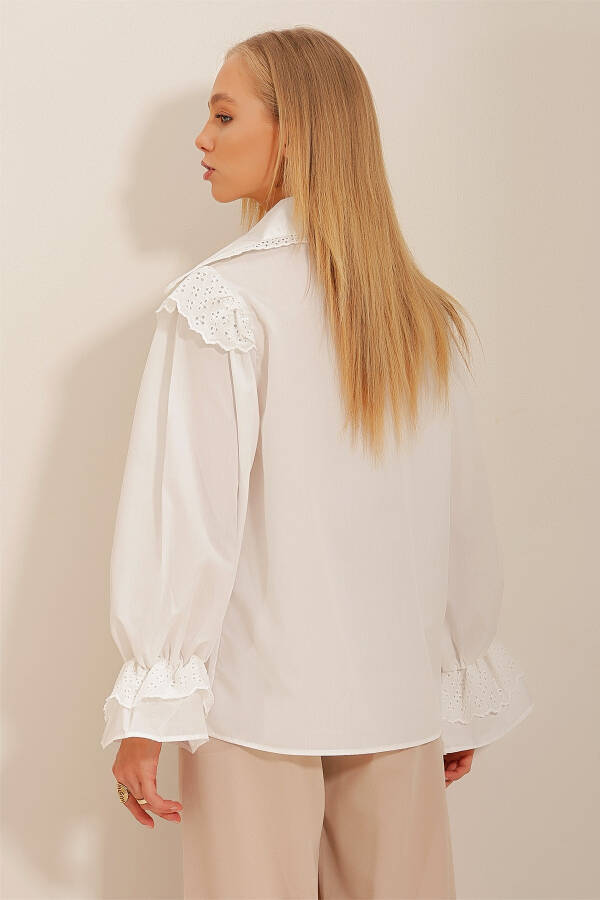 Women's White Collar Fisto Embroidered Balloon Sleeve Embroidered Poplin Shirt ALC-X10630 - 5