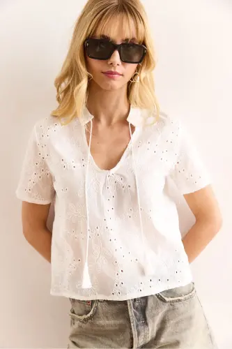 Women's White Collar Lace-up Broderie Blouse BLZ-1900298 - 13