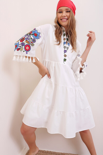 Women's White Collared Embroidered Tassel Detail Lined Poplin Dress ALC-X6915 - 5