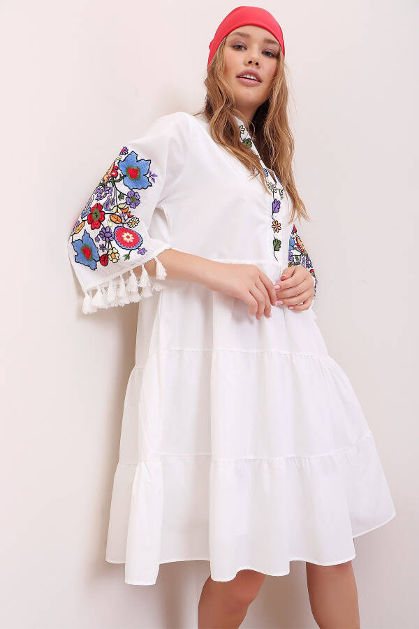 Women's White Collared Embroidered Tassel Detail Lined Poplin Dress ALC-X6915 - 6