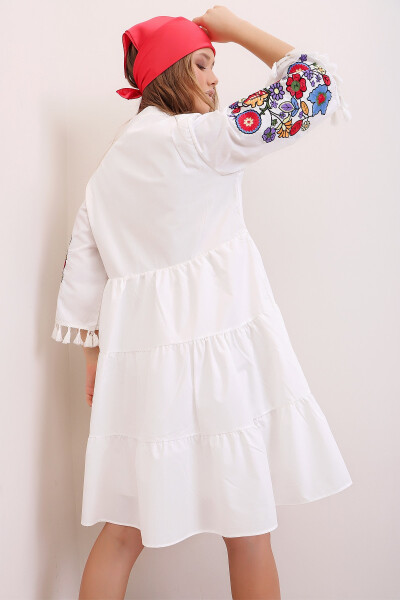 Women's White Collared Embroidered Tassel Detail Lined Poplin Dress ALC-X6915 - 7