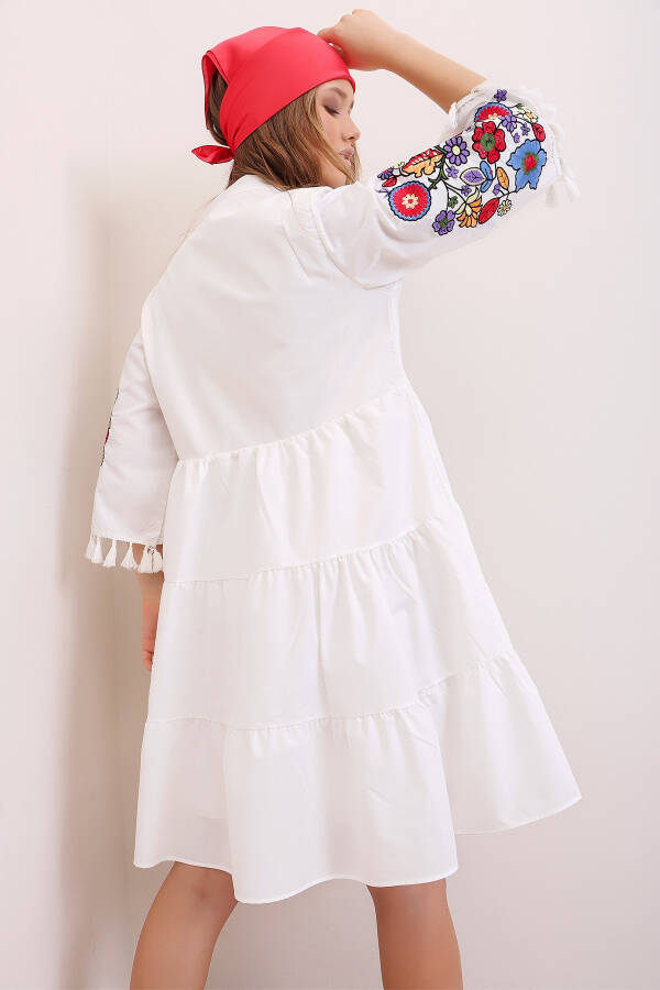 Women's White Collared Embroidered Tassel Detail Lined Poplin Dress ALC-X6915 - 7