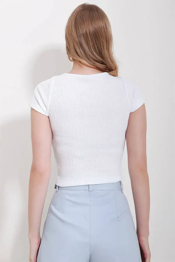 Women's White Crew Neck Drop Shoulder Half Sleeve Knitted Blouse ALC-X11546 - 5