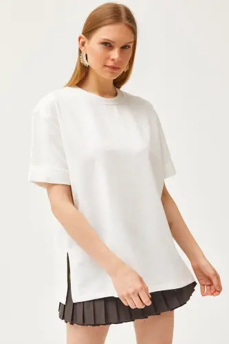 Women's White Crew Neck Side Slit Double Sleeve - 1