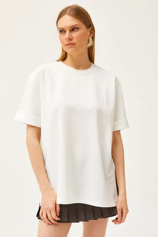 Women's White Crew Neck Side Slit Double Sleeve - 2