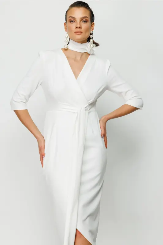 Women's White Crisscross Tie Dress-WHITE - 1