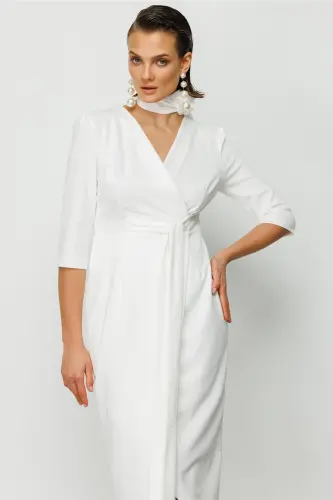 Women's White Crisscross Tie Dress-WHITE - 2