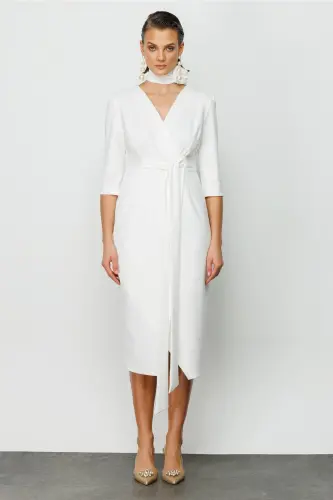 Women's White Crisscross Tie Dress-WHITE - 3