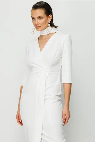 Women's White Crisscross Tie Dress-WHITE - 4