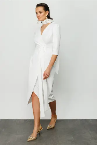 Women's White Crisscross Tie Dress-WHITE - 5