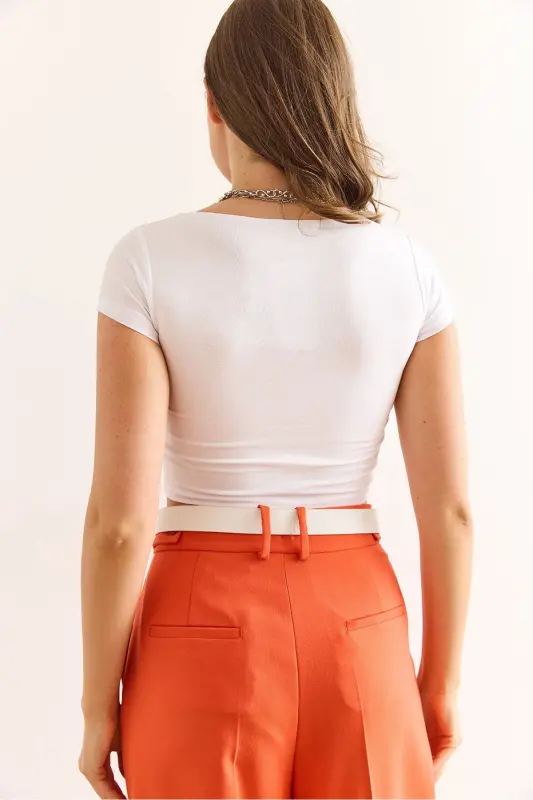 Women's White Cropped Ruched Front Lycra Cotton T-Shirt - 7