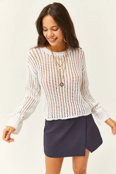 Women's White Cuff Detailed Openwork Knitted Pullover KZK-19000719 - 1
