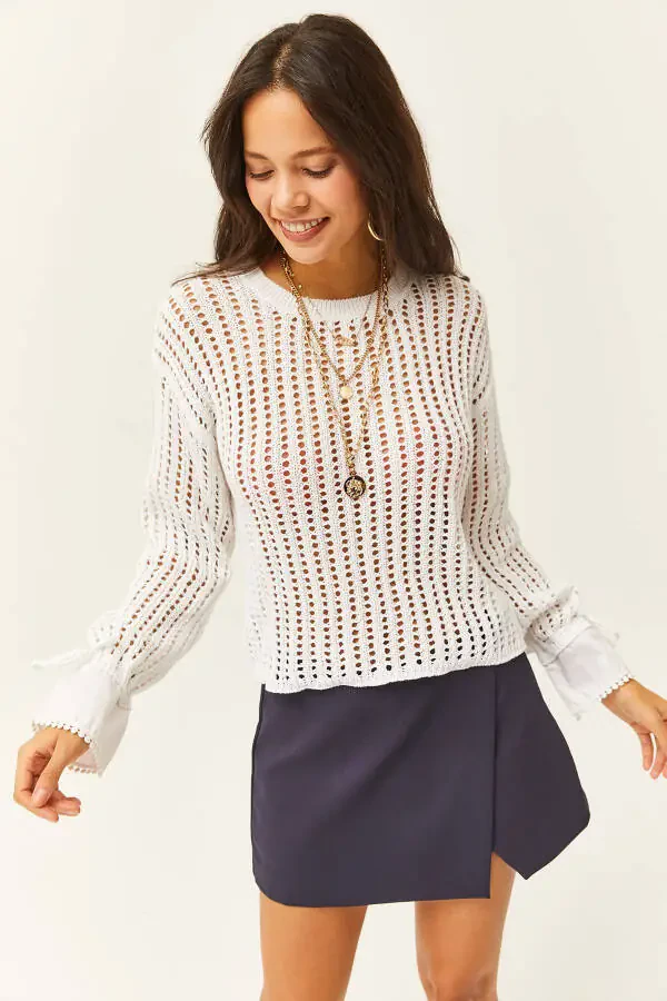 Women's White Cuff Detailed Openwork Knitted Pullover KZK-19000719 - 1