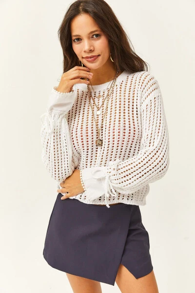 Women's White Cuff Detailed Openwork Knitted Pullover KZK-19000719 - 2