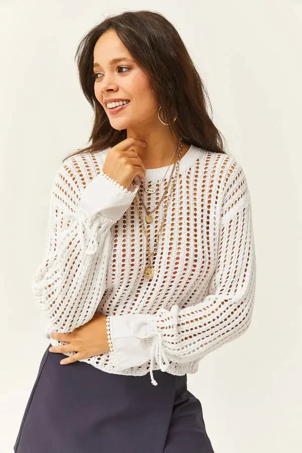 Women's White Cuff Detailed Openwork Knitted Pullover KZK-19000719 - 3