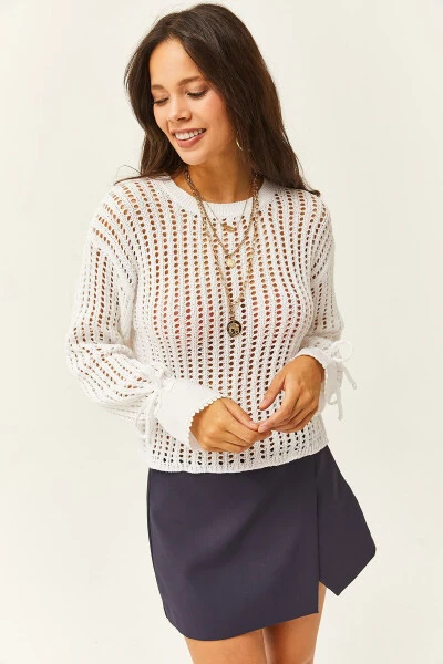 Women's White Cuff Detailed Openwork Knitted Pullover KZK-19000719 - 4