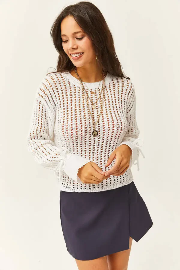 Women's White Cuff Detailed Openwork Knitted Pullover KZK-19000719 - 4