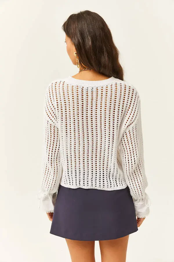 Women's White Cuff Detailed Openwork Knitted Pullover KZK-19000719 - 5