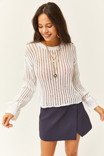 Women's White Cuff Detailed Openwork Knitted Pullover KZK-19000719 - OLALOOK