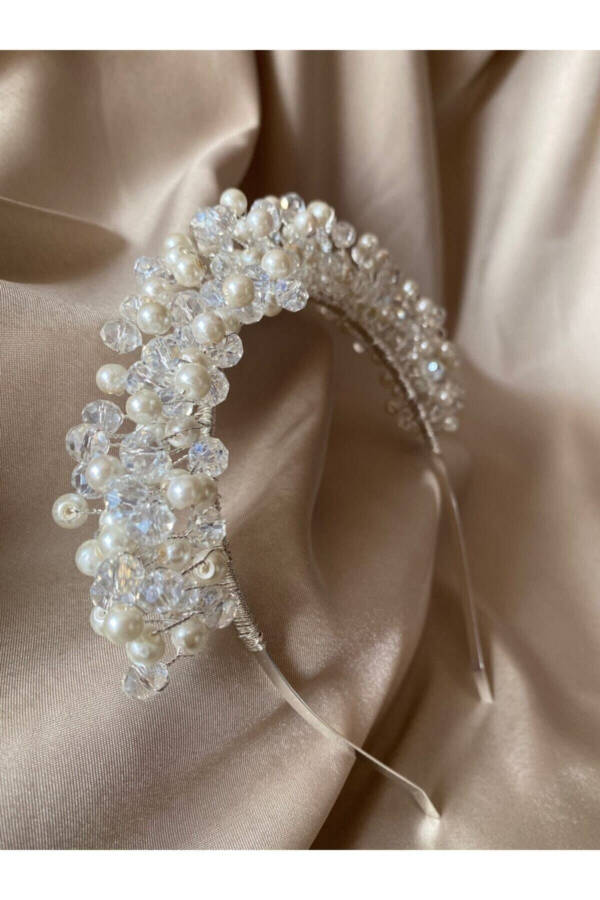 Women's White Custom Designed Pearl and Crystal Beaded Bridal Crown - 1