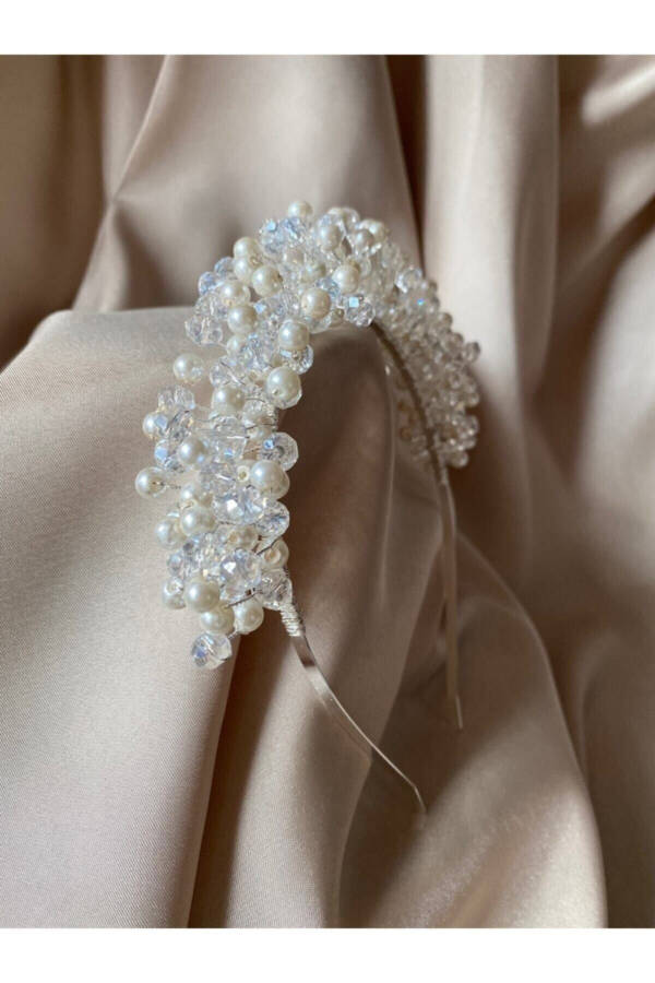 Women's White Custom Designed Pearl and Crystal Beaded Bridal Crown - 2