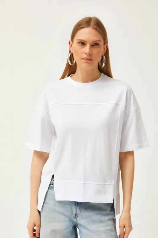 Women's White Cut Out Front Cotton T-Shirt With Stitch Detail T - 2