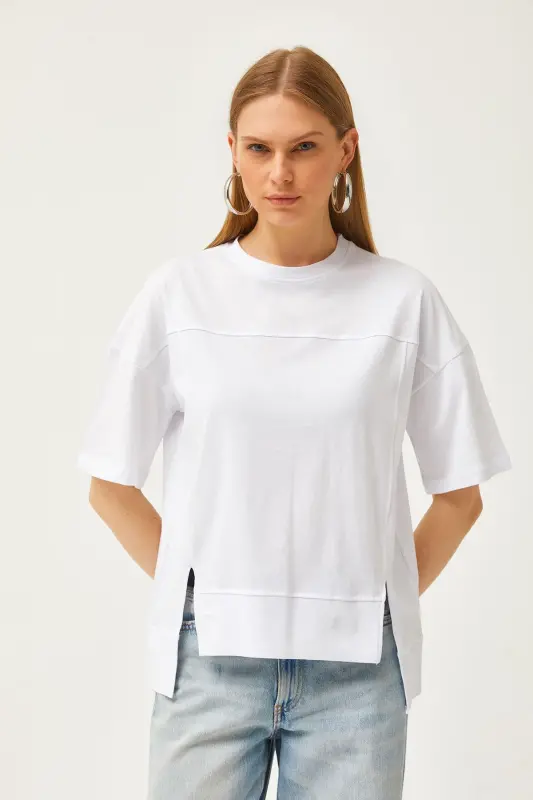 Women's White Cut Out Front Cotton T-Shirt With Stitch Detail T - 3