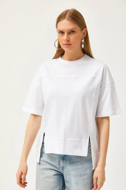 Women's White Cut Out Front Cotton T-Shirt With Stitch Detail T - 4