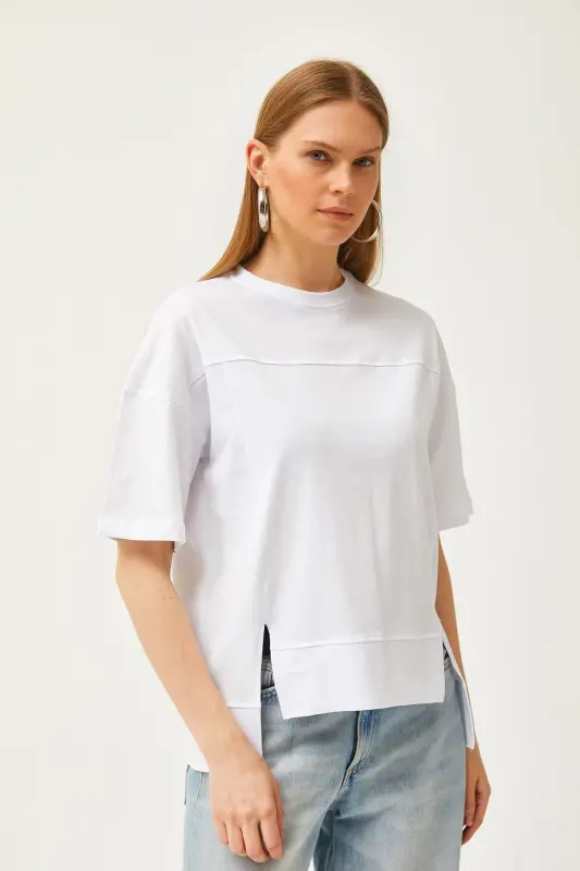 Women's White Cut Out Front Cotton T-Shirt With Stitch Detail T - 5