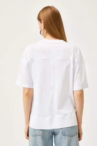 Women's White Cut Out Front Cotton T-Shirt With Stitch Detail T - 6