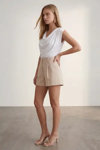 Women's White Decollete Neckline Shoulder Padded Soft Textured Blouse ALC-X11853 - 4