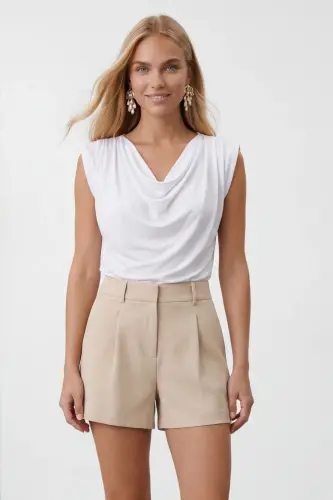 Women's White Decollete Neckline Shoulder Padded Soft Textured Blouse ALC-X11853 - 5