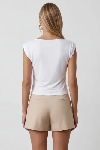 Women's White Decollete Neckline Shoulder Padded Soft Textured Blouse ALC-X11853 - 6