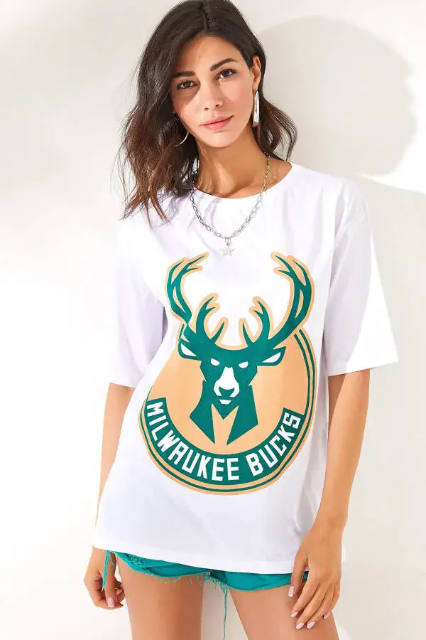 Women's White Deer Printed Cotton T-Shirt TSH-19000754 - 1